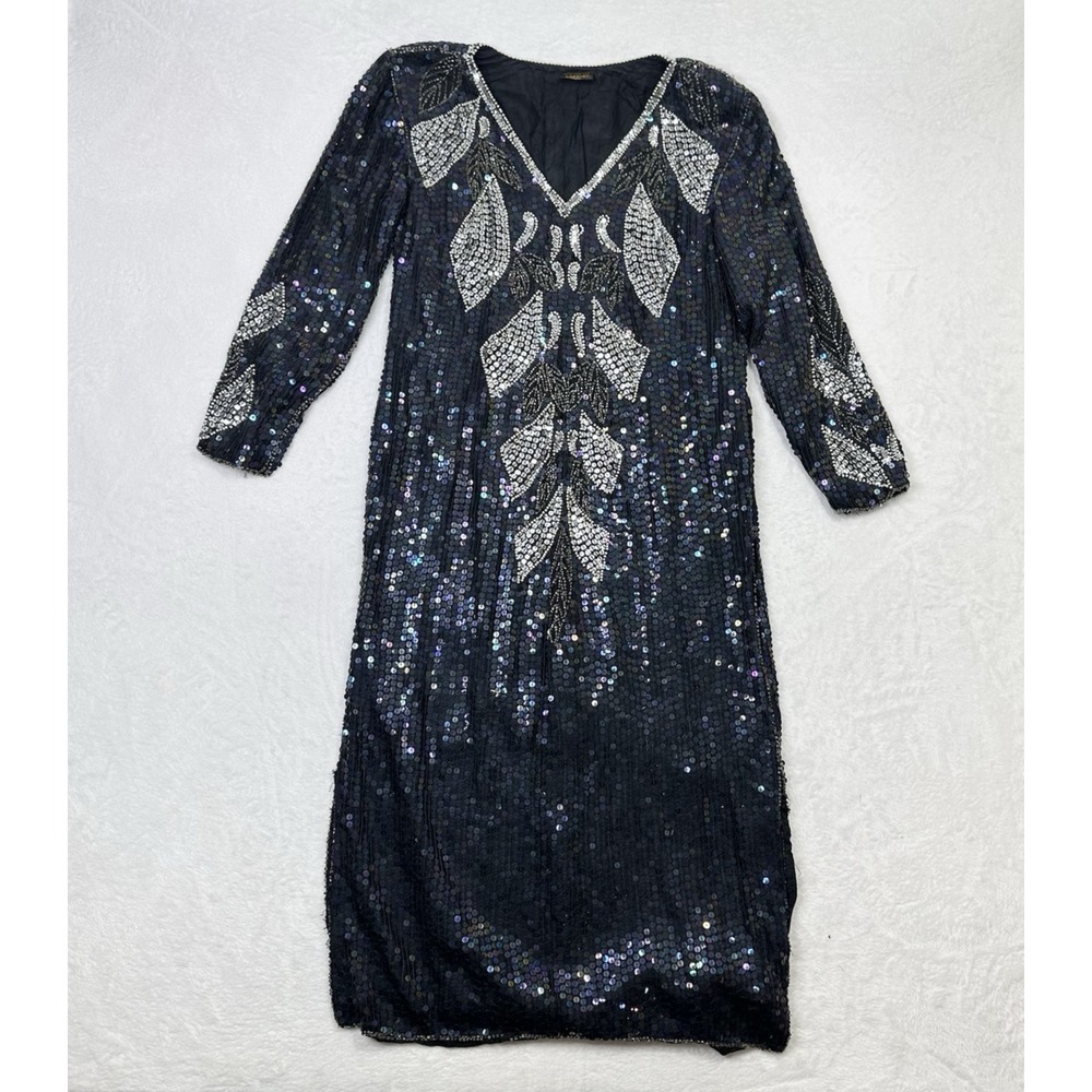 Vintage 80s Sequin Dress Womens Medium Black‎ Silk Silver Sheath Party NYE